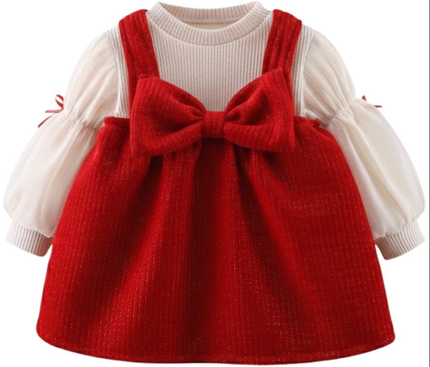 Set váy nhung bé gái phối nơ bản to màu kem