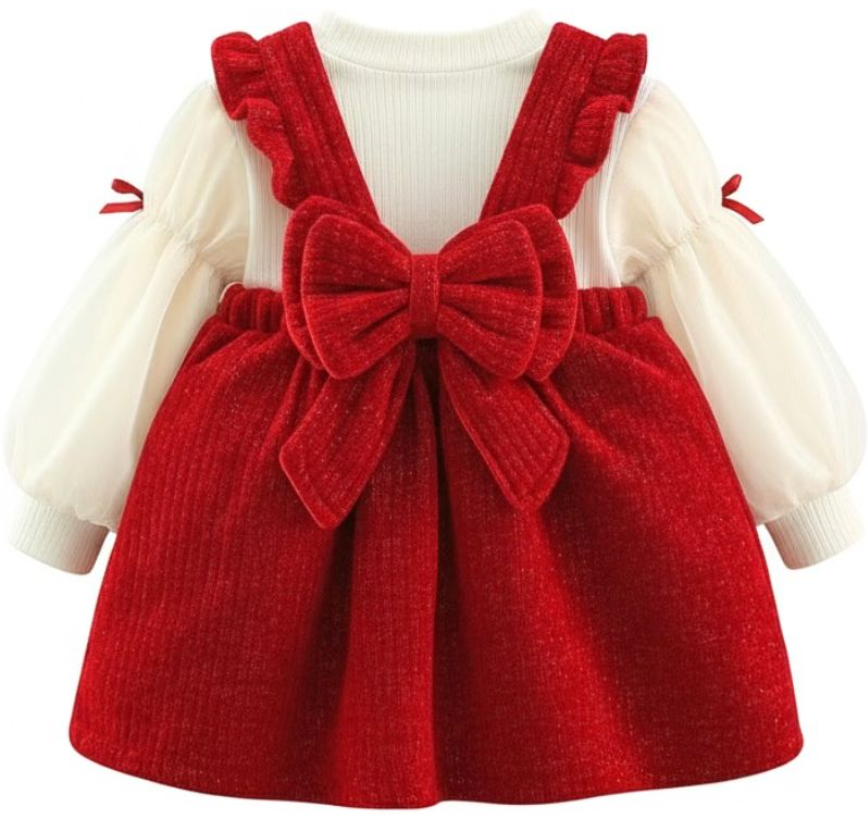 Set váy nhung bé gái phối nơ tay bồng đỏ dày